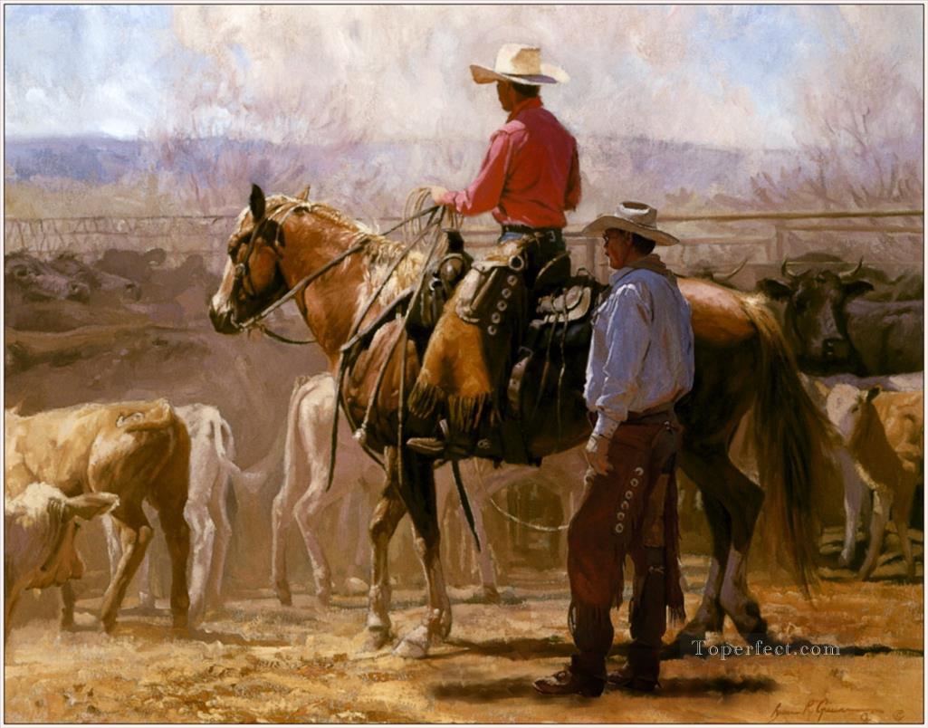 西部の農場オリジナルのカウボーイとその牛油絵